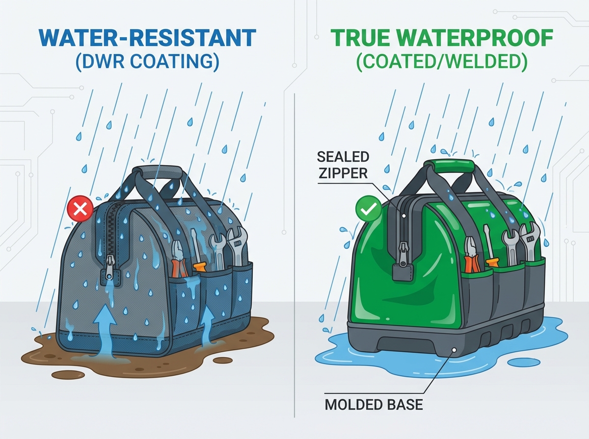 放置在潮湿工地表面上的防水工具袋